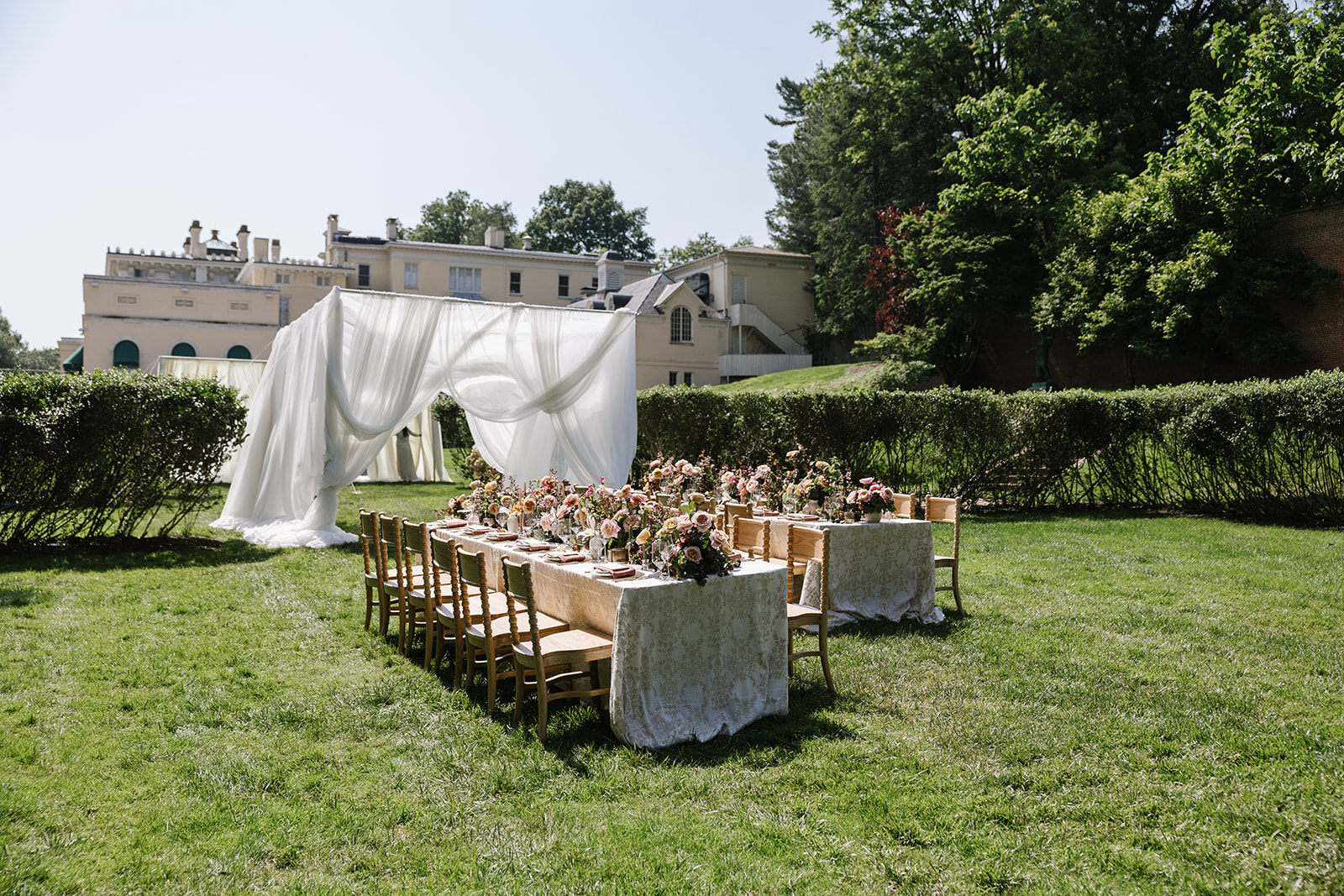 intimate wedding garden dinner party setup at evergreen museum in baltimore, md