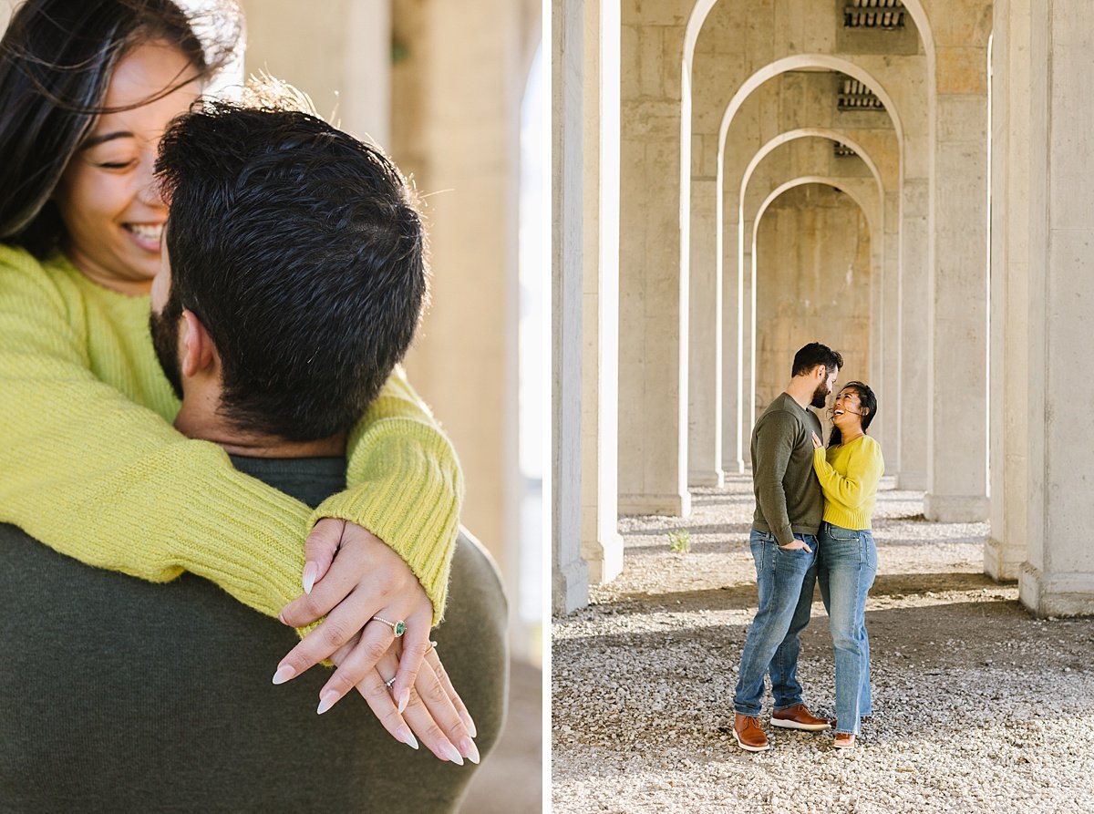 engaged couple under Hanover Bridge arches