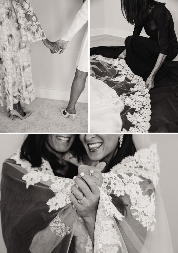 unique mother daughter portraits on wedding day holding hands and adjusting lace veil