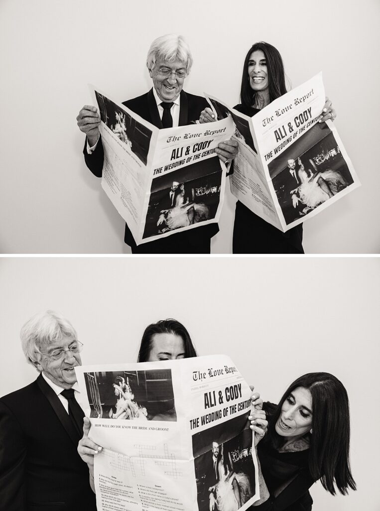 bride's parents reading couple's wedding day newspaper together