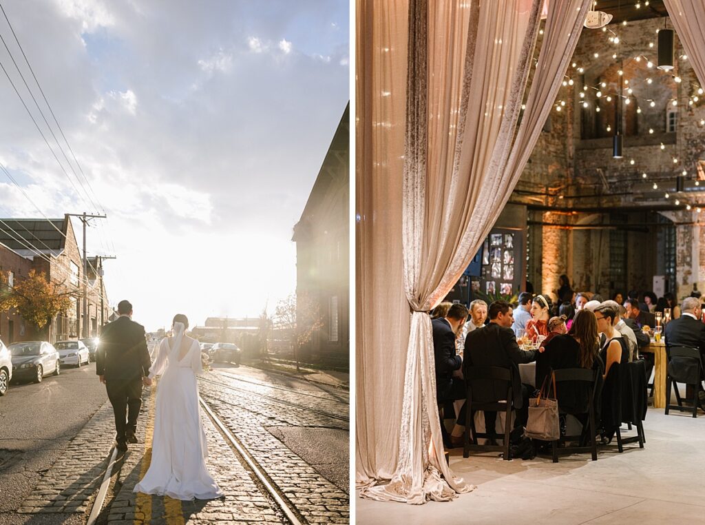 view of wedding couple walking along railroad tracks in front of the butterfly room in baltimore