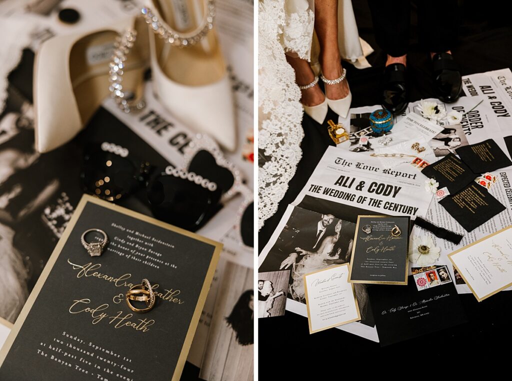 wedding details flatlay with black and gold invitation suite and personalized wedding newspaper among rings and jimmy choo heels