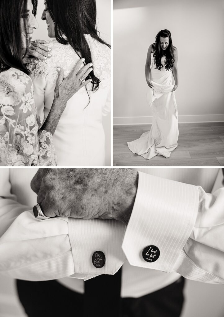 series of photos showing mother daughter in wedding day attire, bride looking down at a monogram on inside of dress, father's custom cufflinks