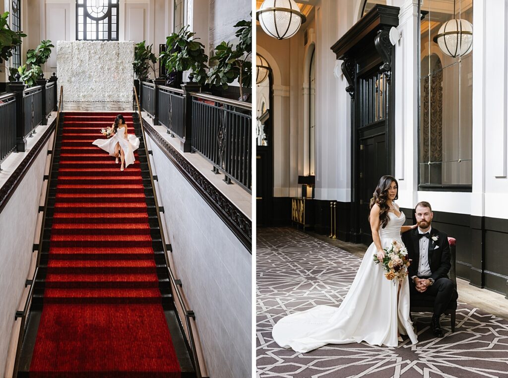 bride walking down red carpet stairwell at sagamore pendry in baltimore