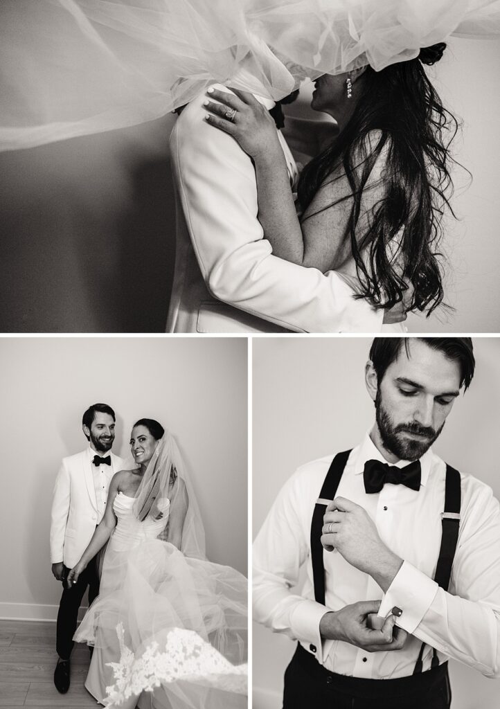 sexy groom adjusting black cufflinks while wearing suspenders and bowtie