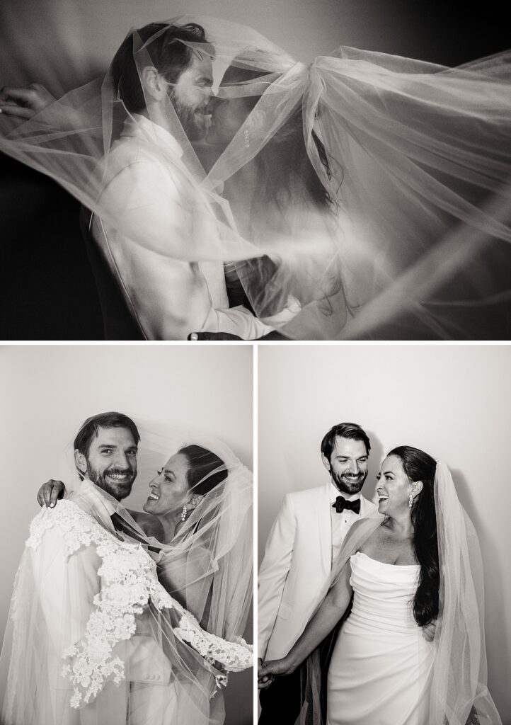 groom wearing white tux and bride wearing strapless wedding dress facing each other laughing