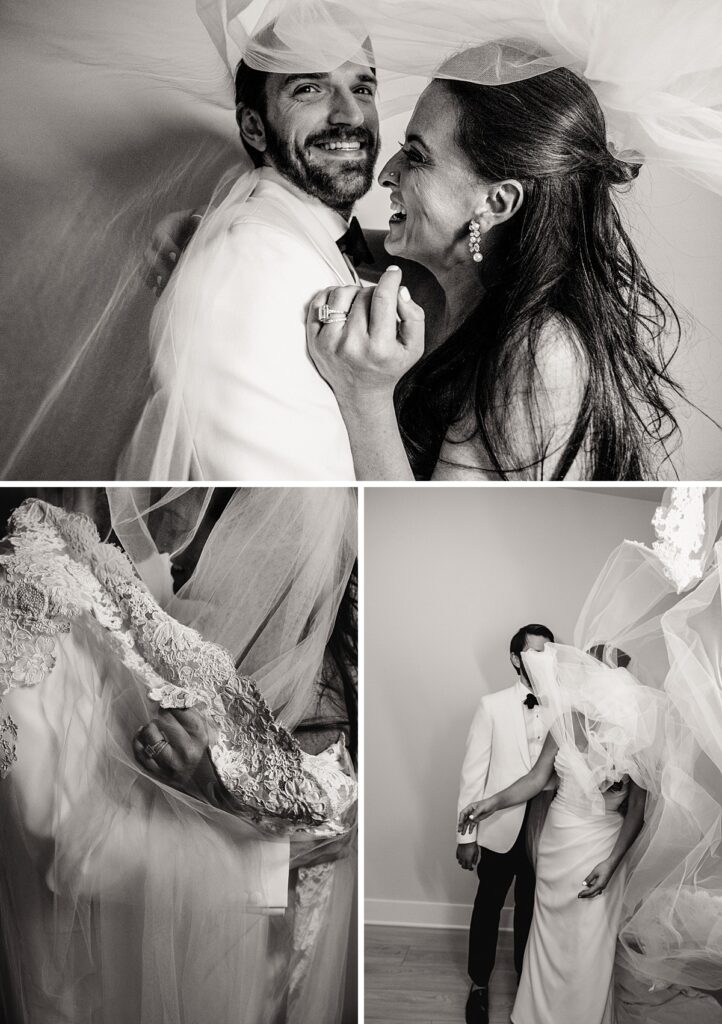 bride and groom lean into each other laughing while surrounded by a cathedral lace veil