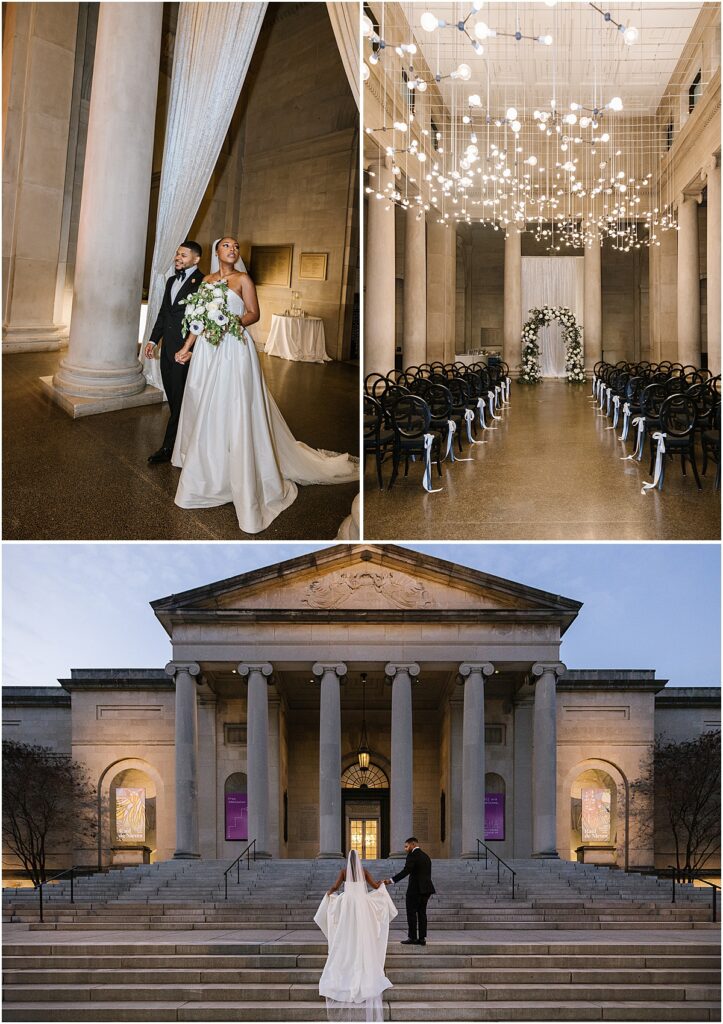 black couple walks into baltimore museum of art during their winter wedding in january