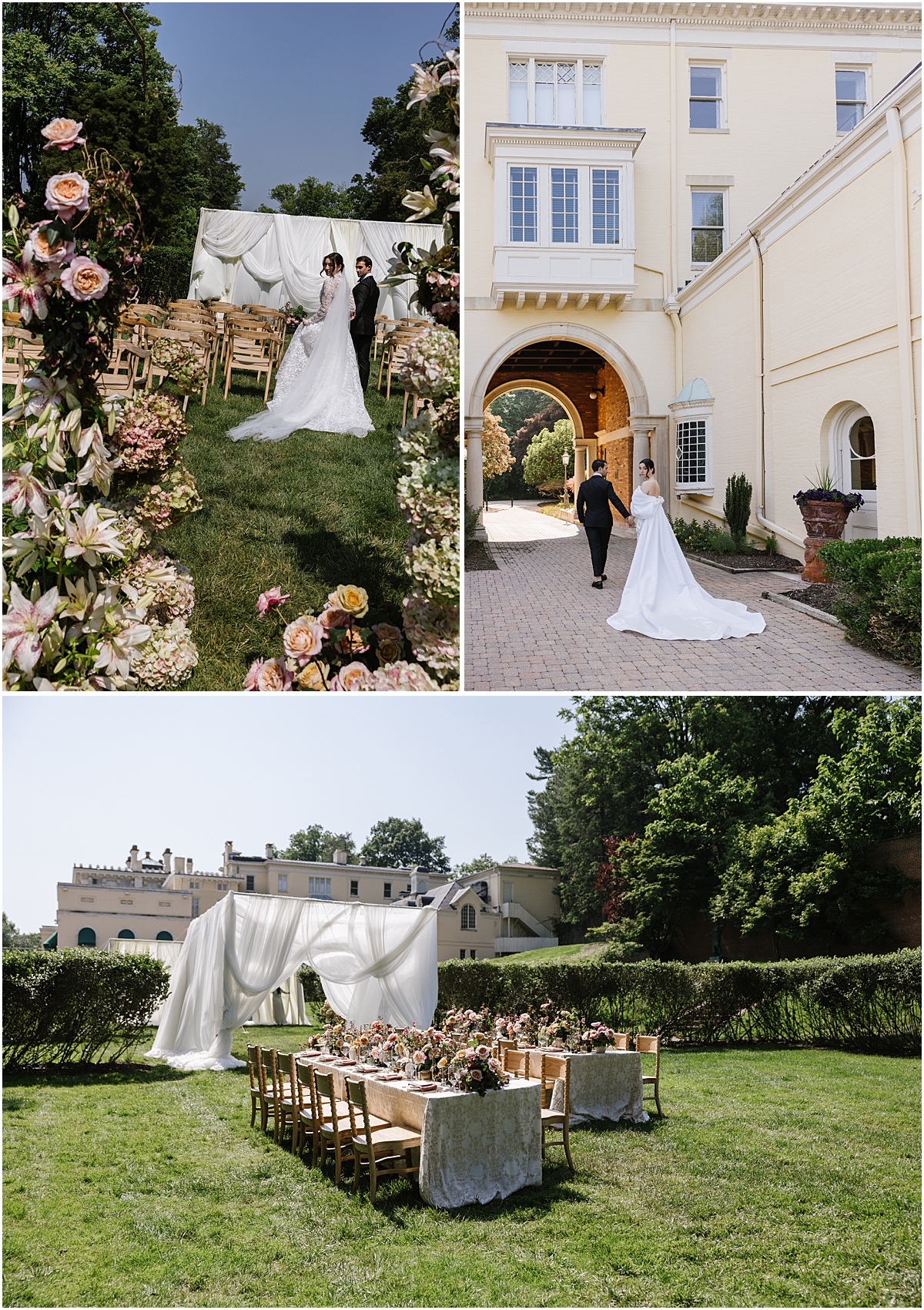 textured spring garden florals set up for a wedding ceremony and on the lawn at Evergreen Museum as couple walks through arched portico toward intimate garden reception