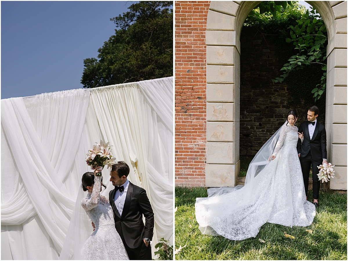 bride and groom standing next to each other in a garden setting at Evergreen Museum in North Baltimore