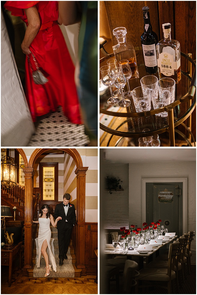 details of an intimate wedding at The Ivy Hotel with couple walking down staircase through an arched opening and red flowers lining the dinner table
